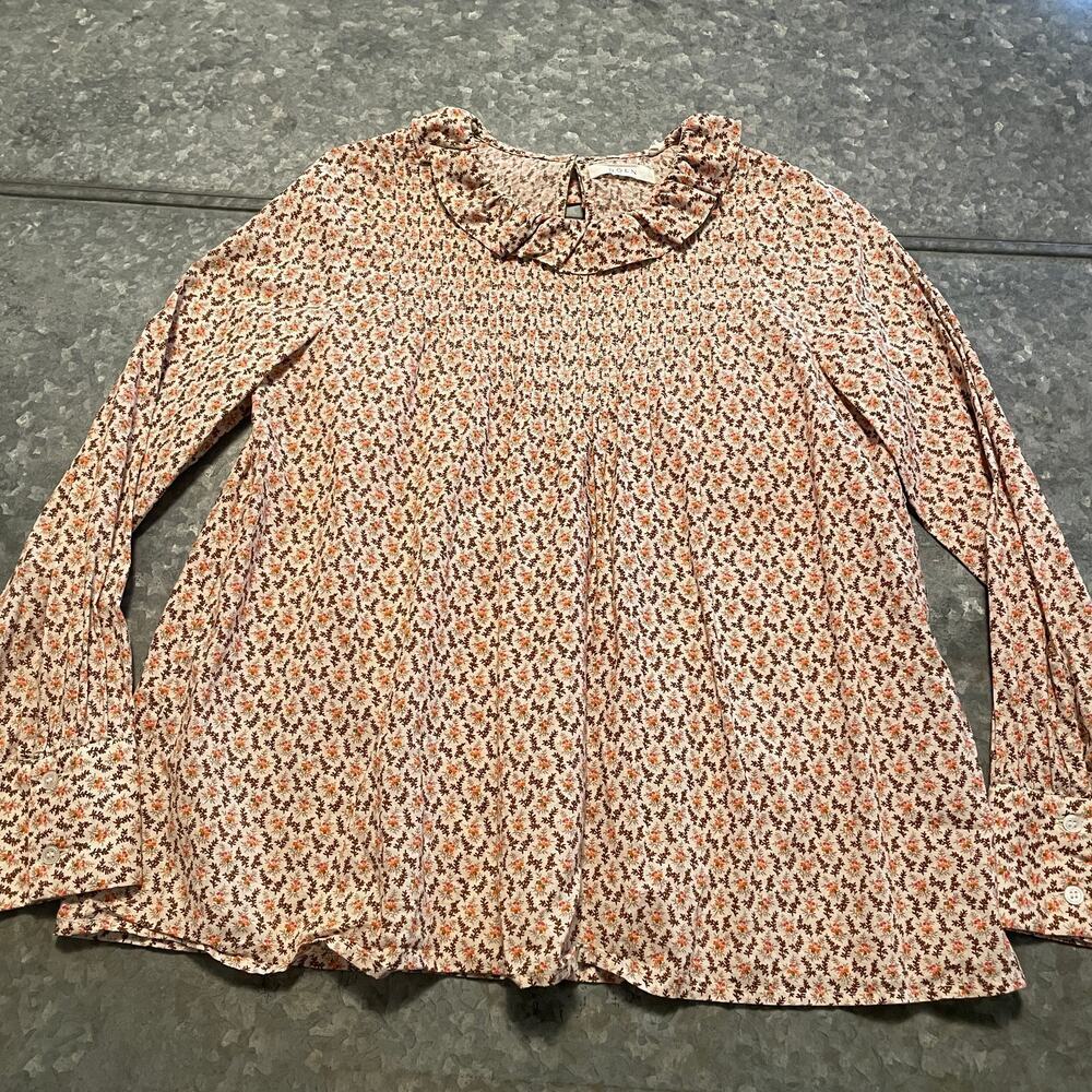 Doen Floral Ruffle Collar Pleated Long Sleeve Blouse XS Peasant Boho Top Shirt